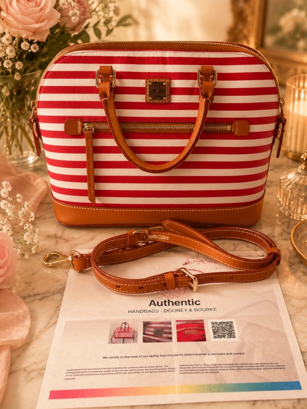 Dooney & Bourke Red and White Striped Satchel with Tan Trim